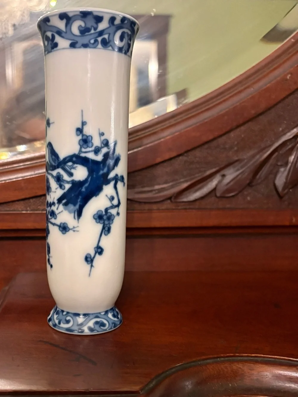Vintage Andrea By Sadek Blue and White Porcelain Bud Vase with Bird Motif